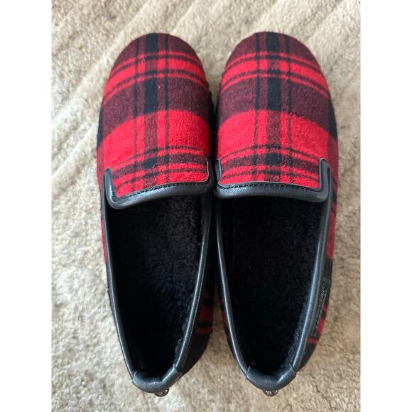 Chelsea & Violet Red Black Plaid Faux Fur Slip-On Studded Slippers Size 6 New - Picture 5 of 8